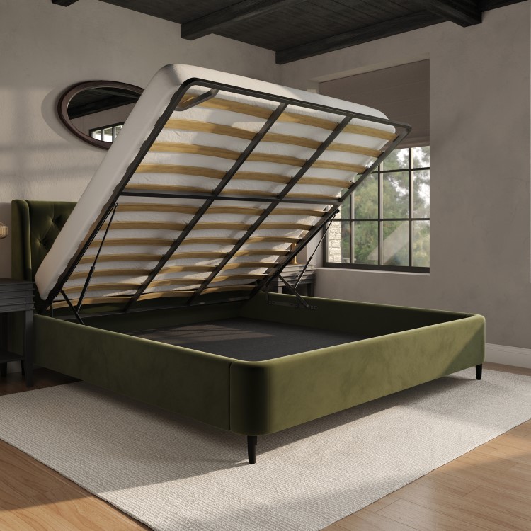 Olive Green Velvet Super King Ottoman Bed With Legs - Amara