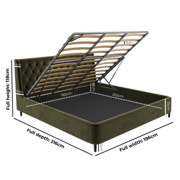 Olive Green Velvet Super King Ottoman Bed With Legs - Amara