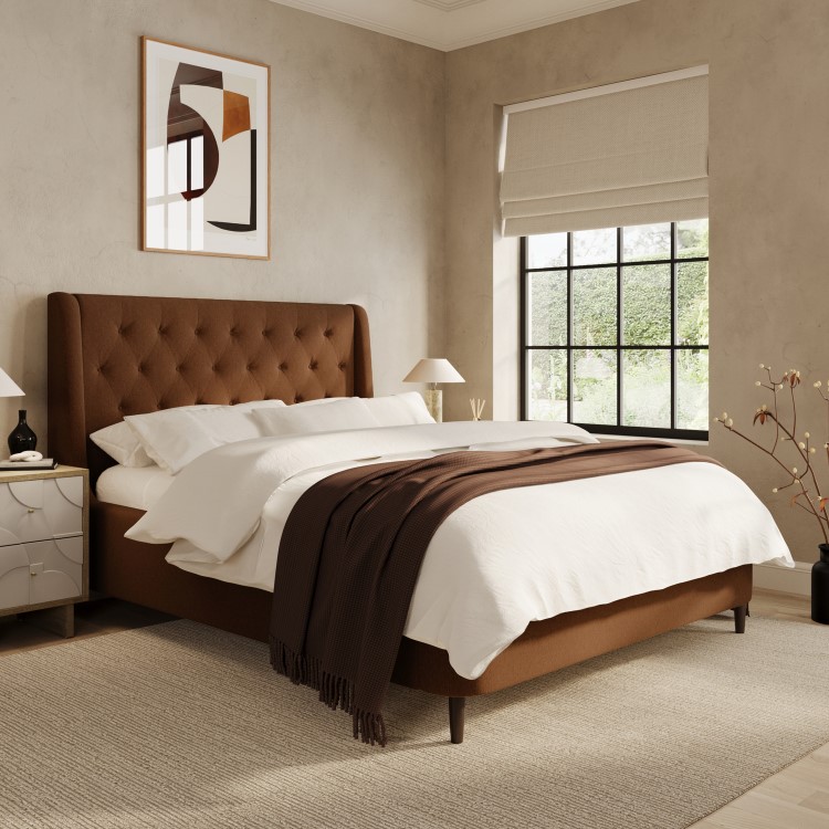 Brown Chenille Double Ottoman Bed With Legs - Amara