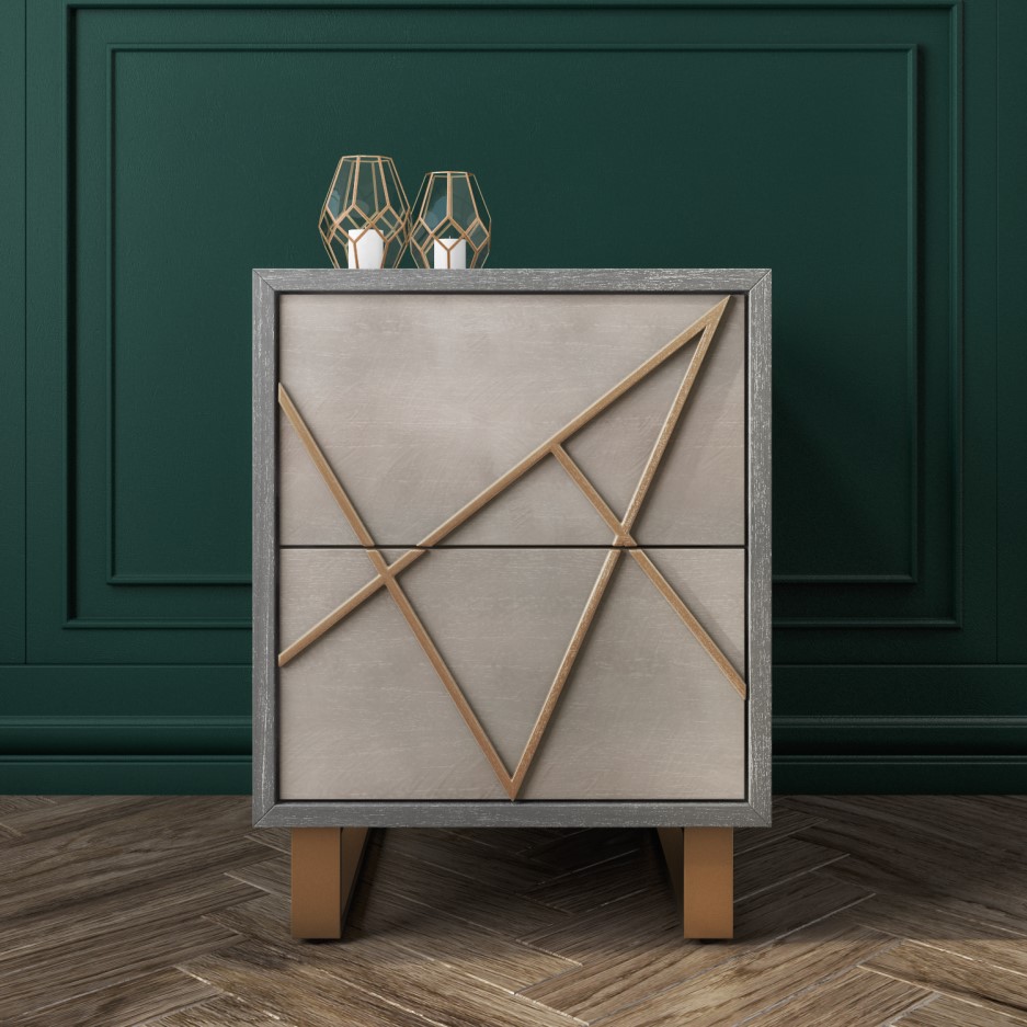 Anastasia 2 Drawer Bedside Table in Taupe with Gold Painted Wooden Trim