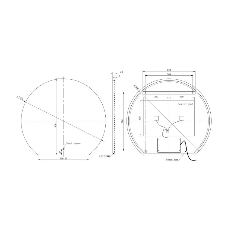 Semi Circle Backlit Heated Bathroom Mirror with Lights 1000 x 900mm - Ara