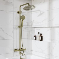 GRADE A1 - Brushed Brass Round Thermostatic Mixer Shower Set with Bath Filler Spout - Arissa