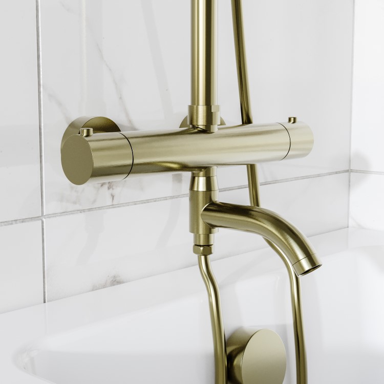 GRADE A1 - Brushed Brass Round Thermostatic Mixer Shower Set with Bath Filler Spout - Arissa
