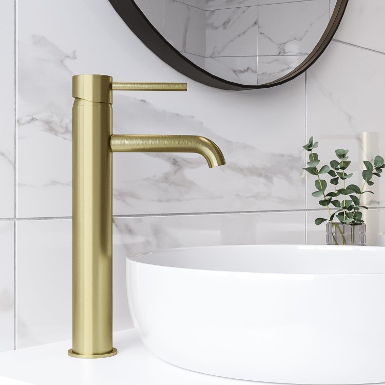 ONLY OPENED - Brushed Brass Tall Mono Basin Mixer Tap - Arissa