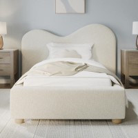 Cream Textured Fabric Single Ottoman Bed with Wide Curved Headboard - Aria