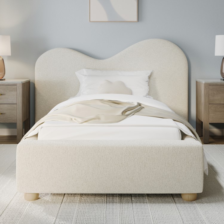 Cream Textured Fabric Single Ottoman Bed with Wide Curved Headboard - Aria