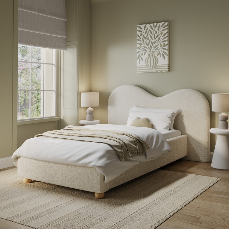 Cream Fabric Single Ottoman Bed with Wide Curved Headboard - Aria