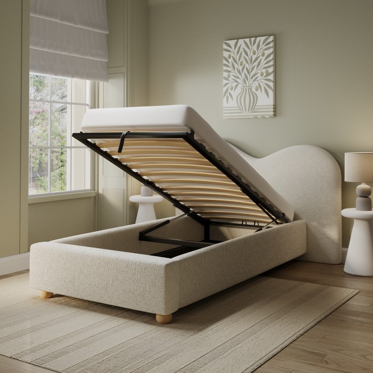 Cream Fabric Single Ottoman Bed with Wide Curved Headboard - Aria