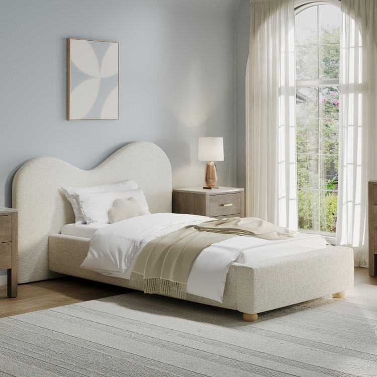 Cream Textured Fabric Single Ottoman Bed with Wide Curved Headboard - Aria