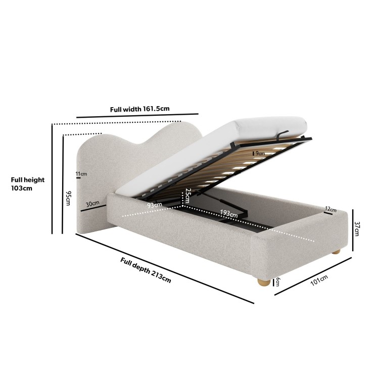 Cream Fabric Single Ottoman Bed with Wide Curved Headboard - Aria