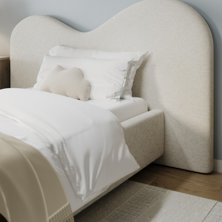 Cream Textured Fabric Single Ottoman Bed with Wide Curved Headboard - Aria