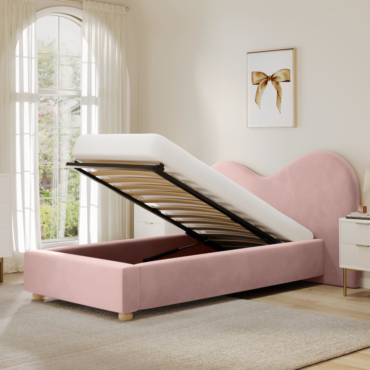 Pink Velvet Single Ottoman Bed with Wide Curved Headboard - Aria