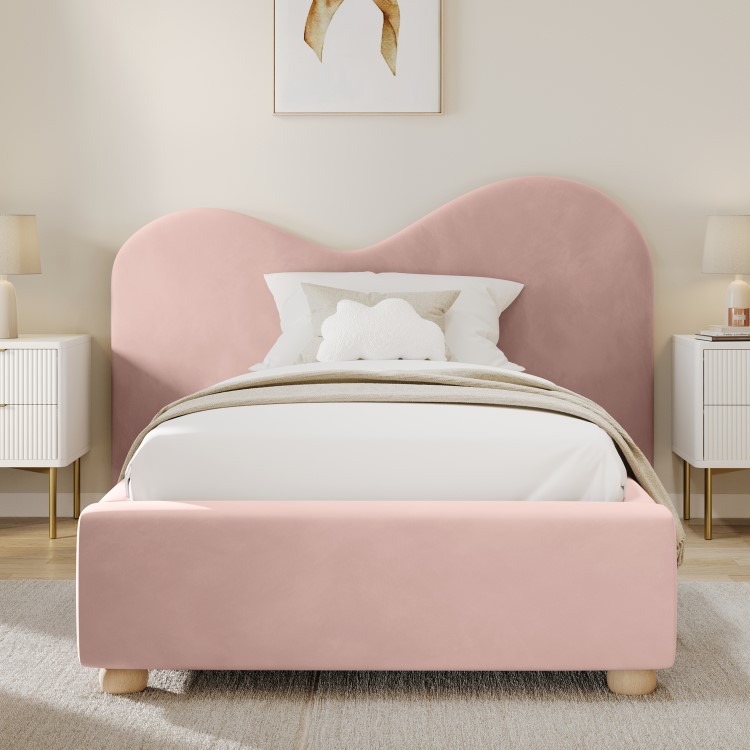 Pink Velvet Single Ottoman Bed with Wide Curved Headboard - Aria