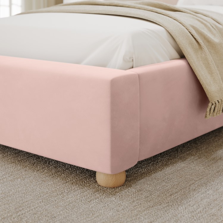 Pink Velvet Single Ottoman Bed with Wide Curved Headboard - Aria