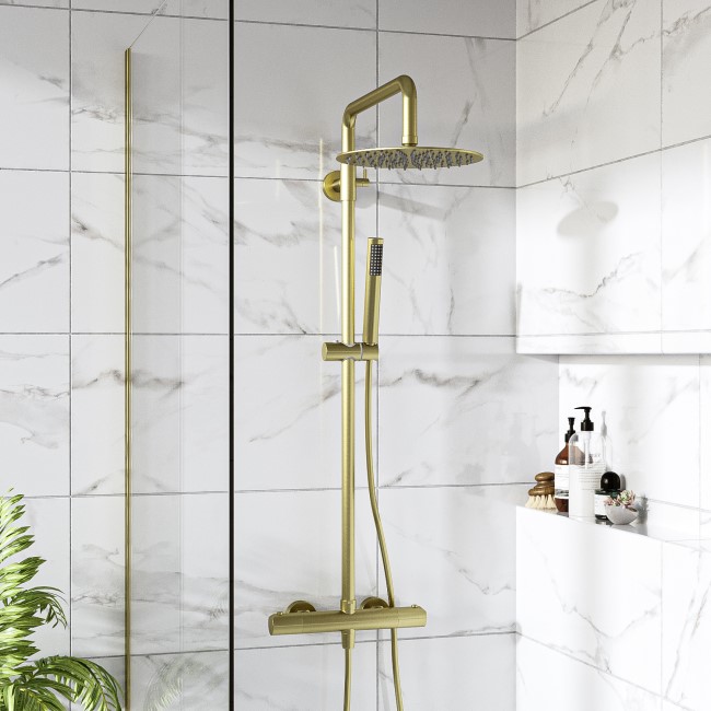 Brushed Brass Thermostatic Mixer Shower with Round Overhead & Pencil Hand Shower - Arissa