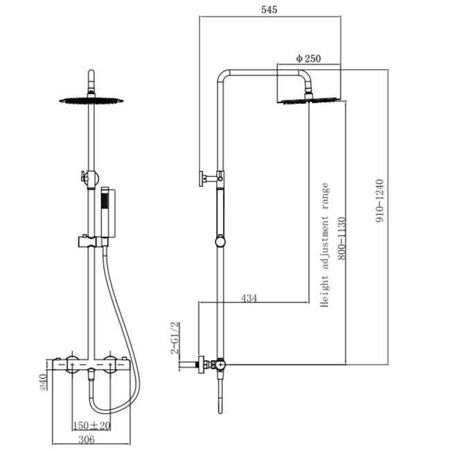 Brushed Brass Thermostatic Mixer Shower with Round Overhead & Pencil Hand Shower - Arissa
