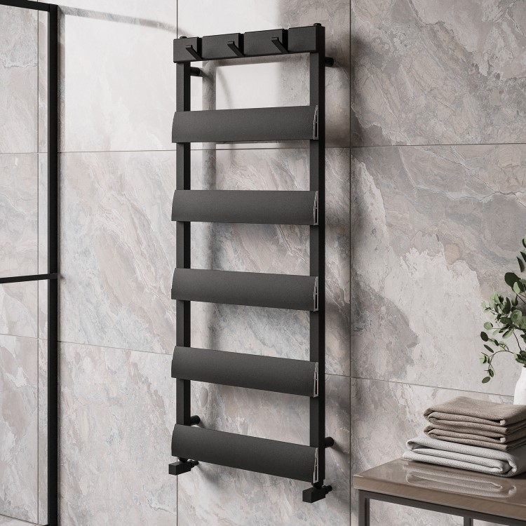 ONLY OPENED - Black Towel Radiator with Hooks 1200 x 500mm - Arizona