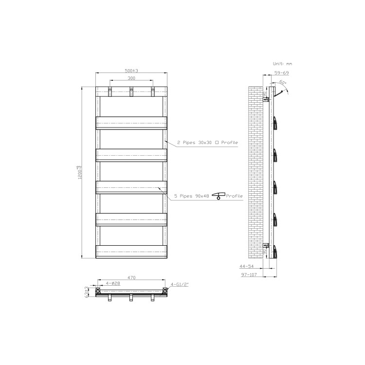 ONLY OPENED - Black Towel Radiator with Hooks 1200 x 500mm - Arizona