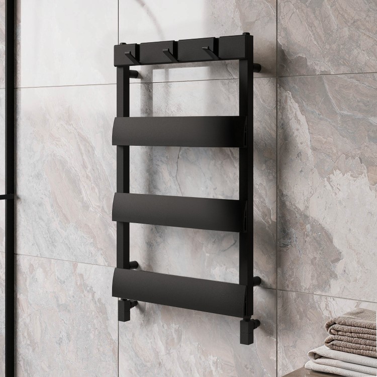 GRADE A1 - Black Towel Radiator with Hooks 800 x 500mm - Arizona