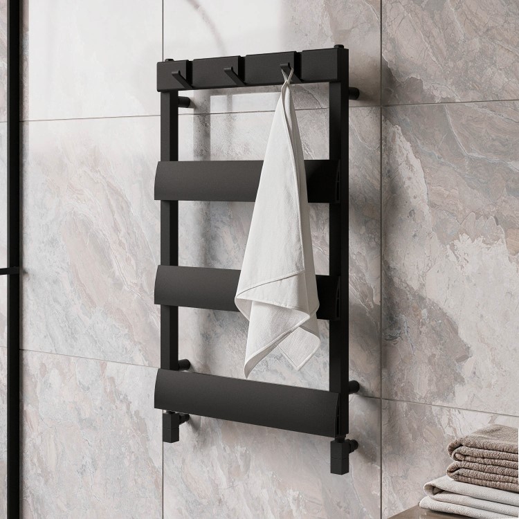 GRADE A1 - Black Towel Radiator with Hooks 800 x 500mm - Arizona