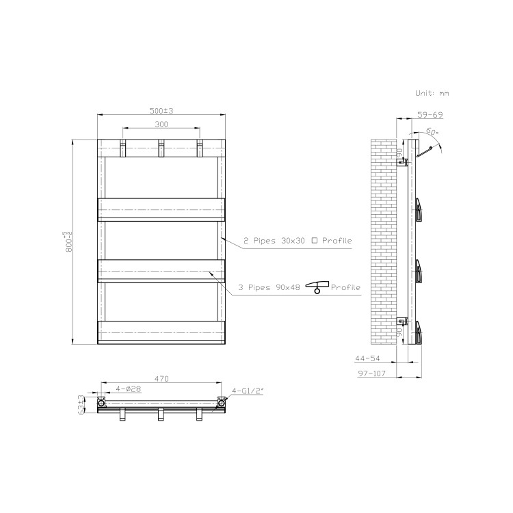 GRADE A1 - Black Towel Radiator with Hooks 800 x 500mm - Arizona