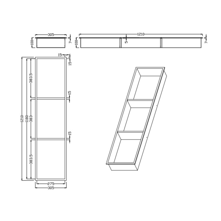 GRADE A1 - Black Shower Niche with Shelves 305 x 1210mm - Arissa