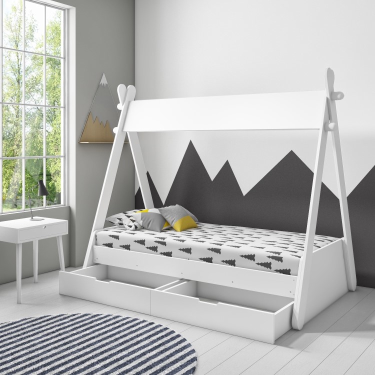 Arlo White Teepee Bed Frame with Pull Out Storage Drawers
