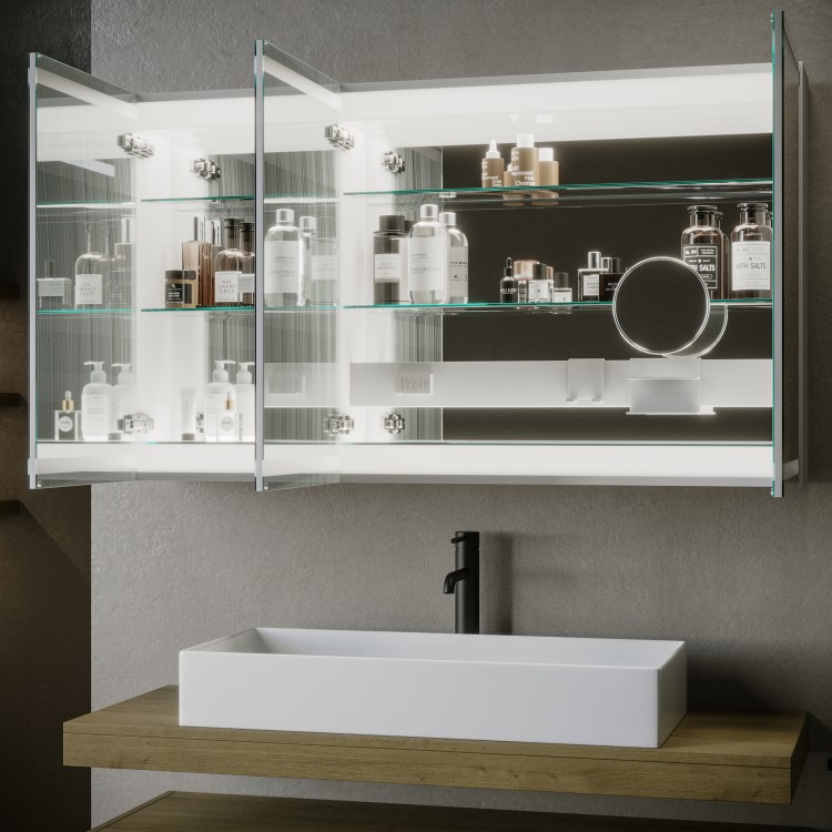 Refurbished Triple Door Mirrored Bathroom Cabinet with Lights Demister & Socket 1200 x 800mm - Artemis