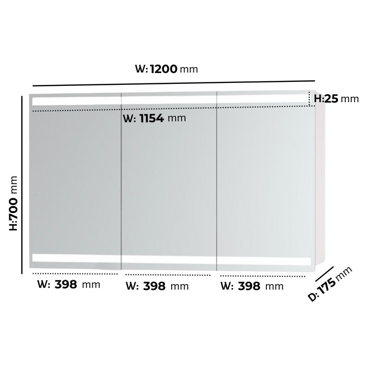 Refurbished Triple Door Mirrored Bathroom Cabinet with Lights Demister & Socket 1200 x 800mm - Artemis