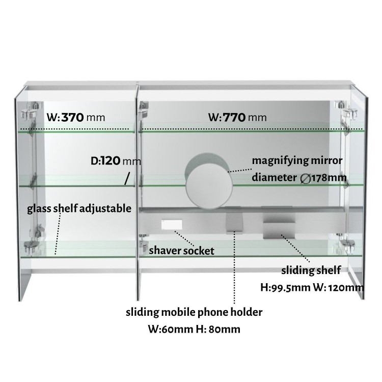 Refurbished Triple Door Mirrored Bathroom Cabinet with Lights Demister & Socket 1200 x 800mm - Artemis