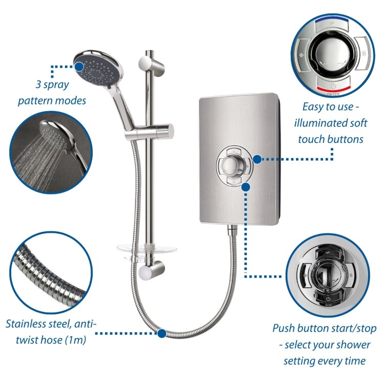 GRADE A1 - Triton Aspirante 9.5kw Electric Shower - Brushed Steel