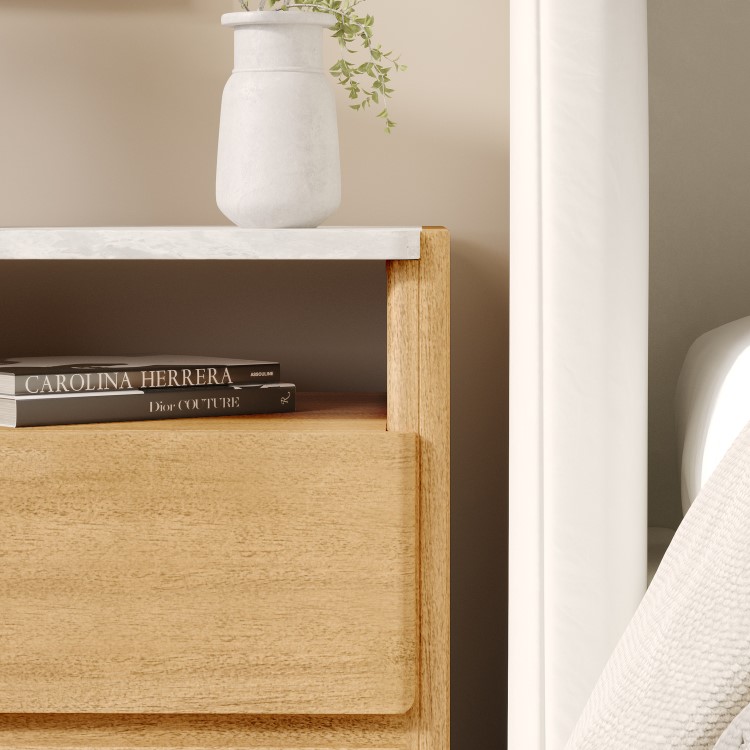 Solid Acacia 2 Drawer Bedside Table with Real Marble Top - Asher