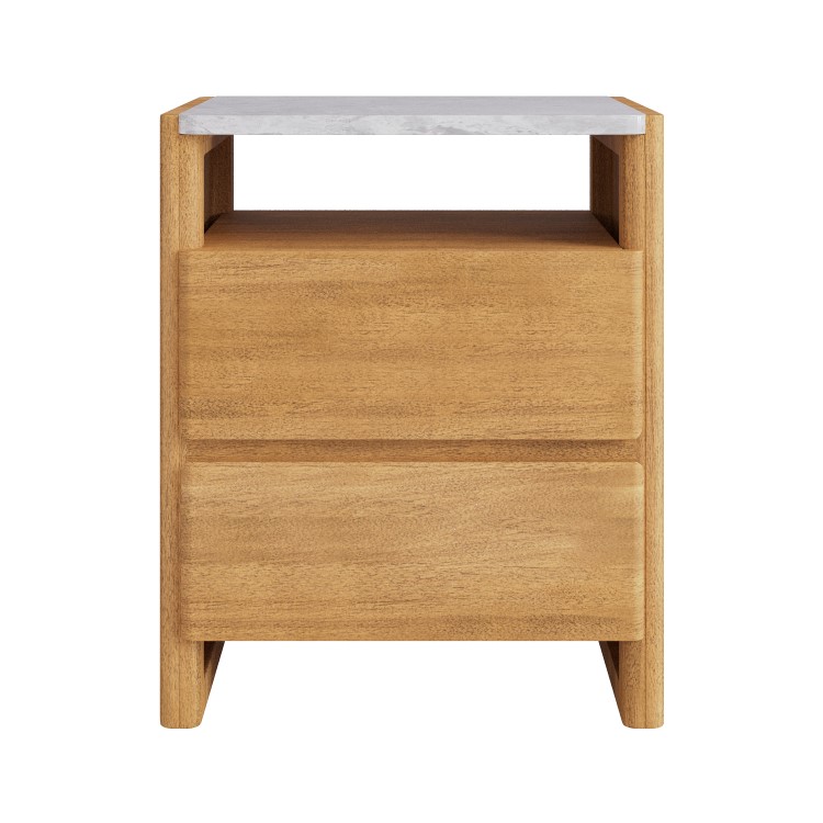 Solid Acacia 2 Drawer Bedside Table with Real Marble Top - Asher