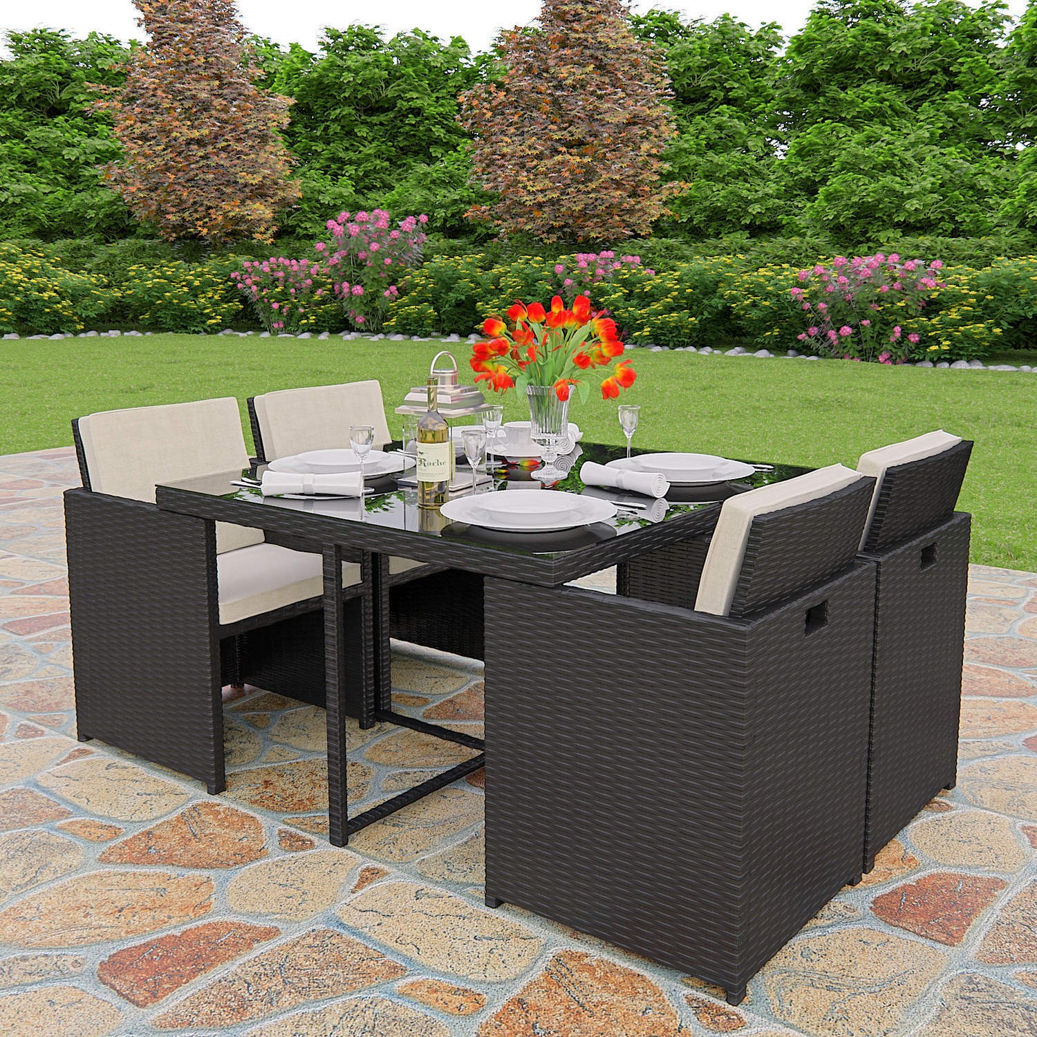 Astoria 5 Piece Garden Furniture Cube Set in Black Wicker Rattan