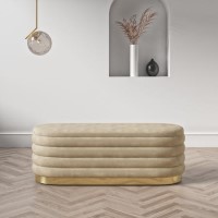 Oval Beige Velvet Ottoman Blanket Box with Gold Plinth - Astrid