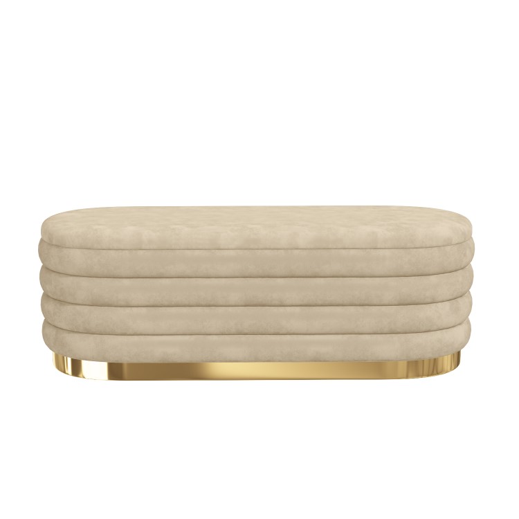 Oval Beige Velvet Ottoman Blanket Box with Gold Plinth - Astrid
