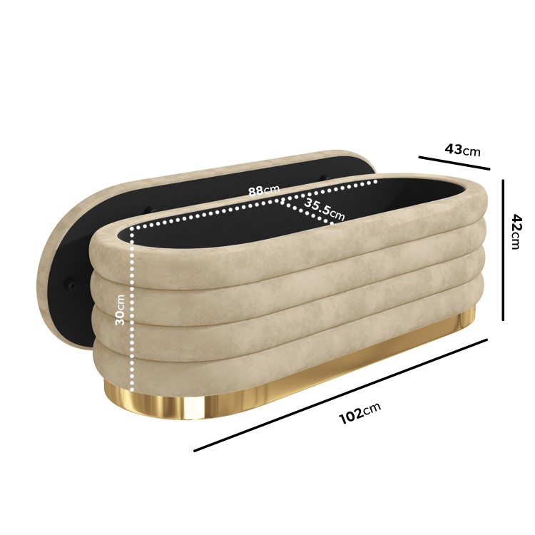 Oval Beige Velvet Ottoman Blanket Box with Gold Plinth - Astrid