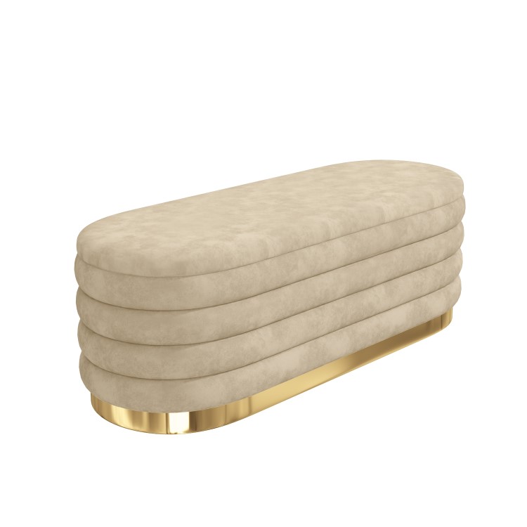 Oval Beige Velvet Ottoman Blanket Box with Gold Plinth - Astrid