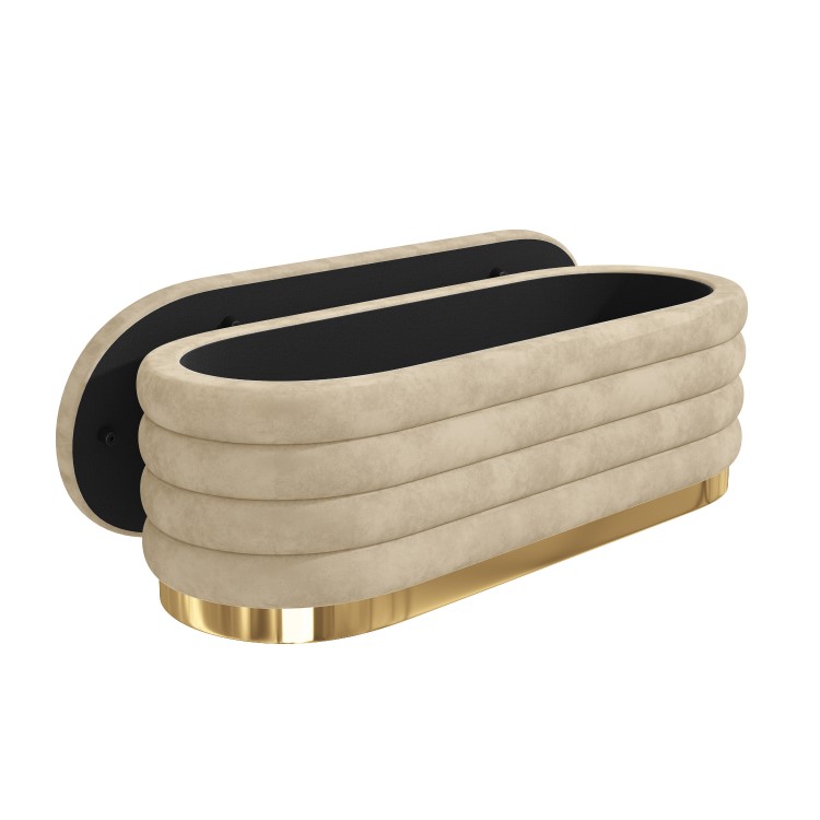 Oval Beige Velvet Ottoman Blanket Box with Gold Plinth - Astrid