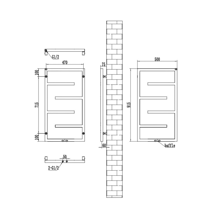 Black Designer Towel Radiator 915 x 500mm - Atka