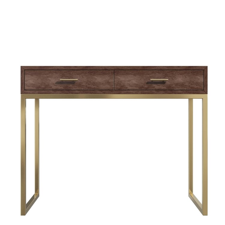Aubrey Walnut 2 Drawer Console Table with Gold Legs