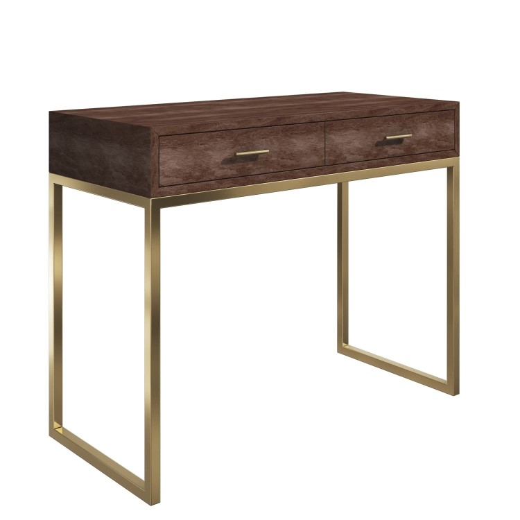 Aubrey Walnut 2 Drawer Console Table with Gold Legs