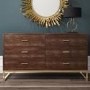 Aubrey Walnut 6 Drawer Wide Chest of Drawers with Gold Legs