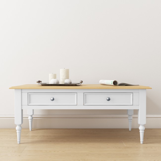 Auckland Farmhouse White & Pine Coffee Table with 2 Drawers
