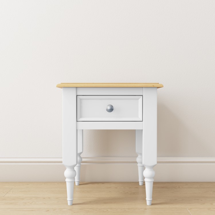 Small White Side Table with Pine Top & Drawer - Auckland