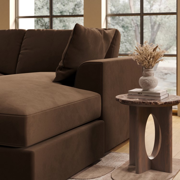 Large Chocolate Brown Velvet Left Hand 4 Seater Chaise Corner Sofa - August