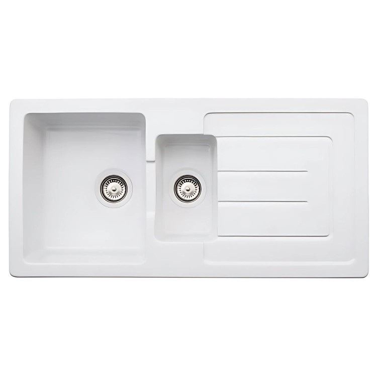Abode Acton 1.5 Bowl Ceramic Kitchen Sink With Reversible Drainer - White