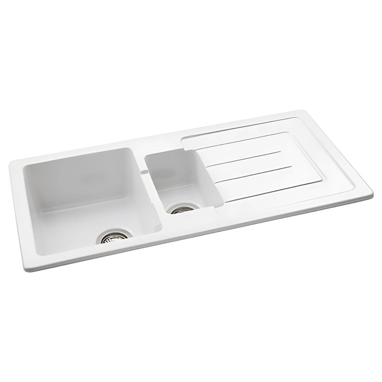 Abode Acton 1.5 Bowl Ceramic Kitchen Sink With Reversible Drainer - White