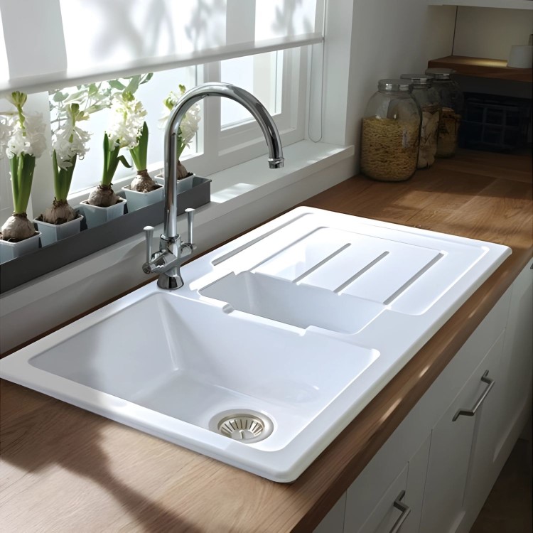 Abode Acton 1.5 Bowl Ceramic Kitchen Sink With Reversible Drainer - White