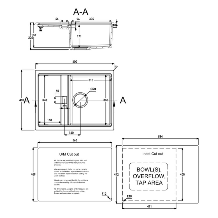 Abode Synchronist 1.25 Bowl Inset / Undermount Black Granite Kitchen Sink
